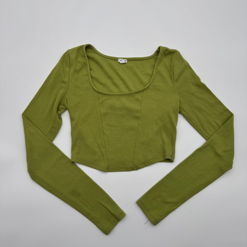 Garage Green Ribbed‎ Long Sleeve Corset Style Crop Top Womens M